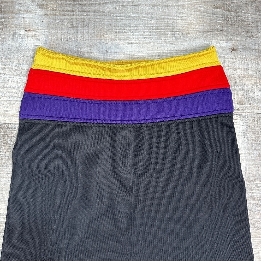SONIA RYKIEL Black Knit A-Line Midi Skirt Women's Size XS Yellow/Red Waistband - Picture 5 of 8